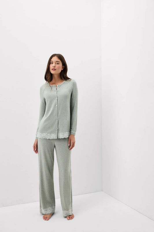 Lace Trim Button Up Full Length Pajamas in Modal