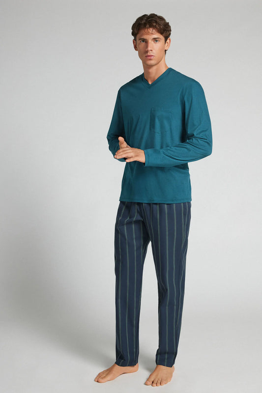Full Length V-Neck Pajamas in Mercerized Cotton Cloth and filo Premium