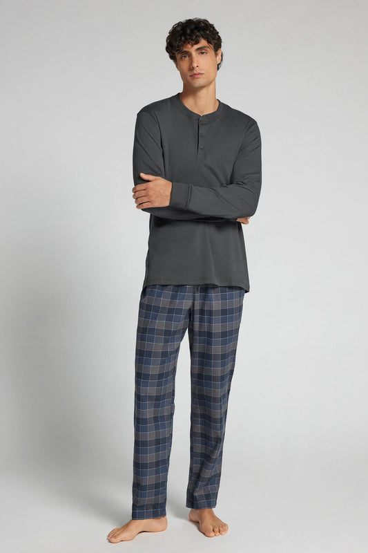 Full Length Pants in Blue and Gray Check Print Cloth