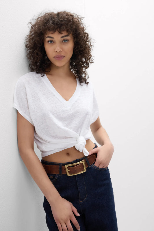 The Pure Linen Short Sleeve V-Neck Top in Linen
