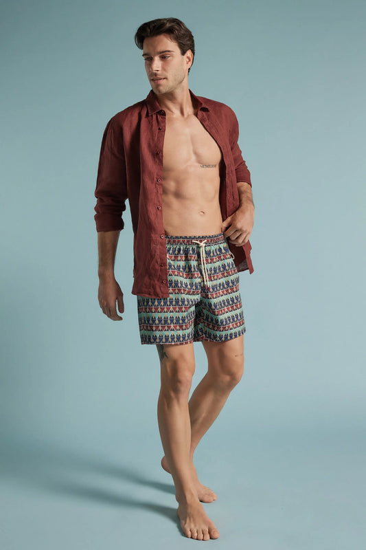 Multi-Color Red Print Reversible Swim Trunks