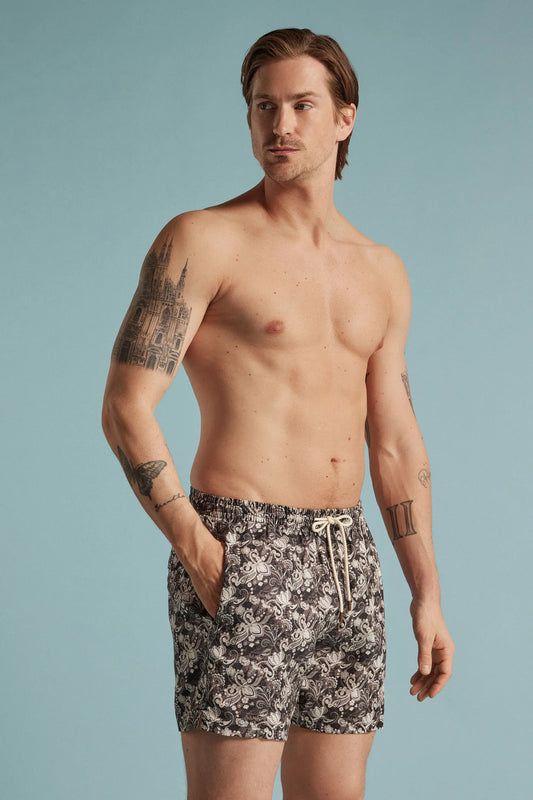 Brown Floral Print 100% Linen Swim Trunks
