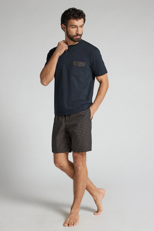 Blue and Cream Check Print Cloth and Cotton Short Pajamas