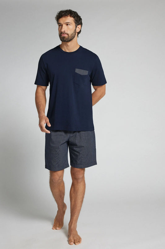 Short Cotton Pajamas with Blue Pinstripe Cloth